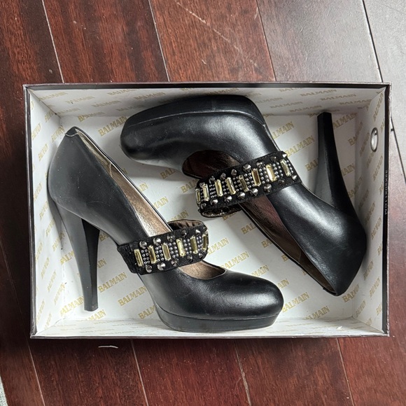Balmain Shoes - Balmain Black Leather Heel Pumps with Jeweled Mary-Jane Strap